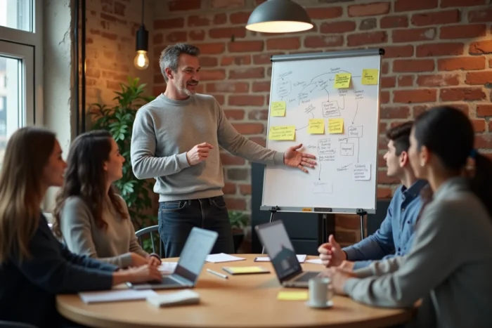 Équipe créative en session de brainstorming autour d'une stratégie de marketing en ligne dans une agence moderne