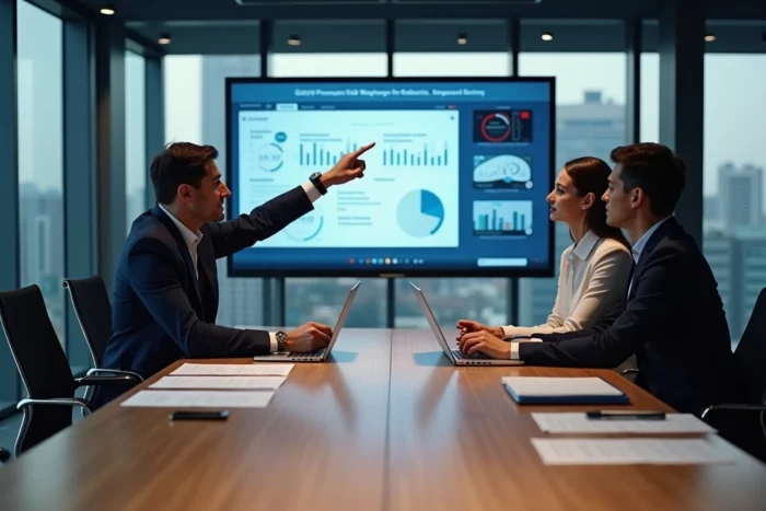 Équipe professionnelle en réunion stratégique B2B autour d'une table de conférence avec présentation numérique