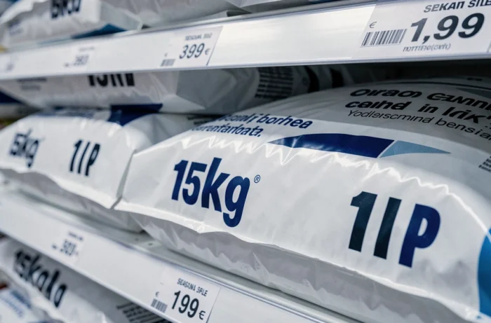 Étiquette de prix sur des sacs de pellets en rayon de grande surface en 2026