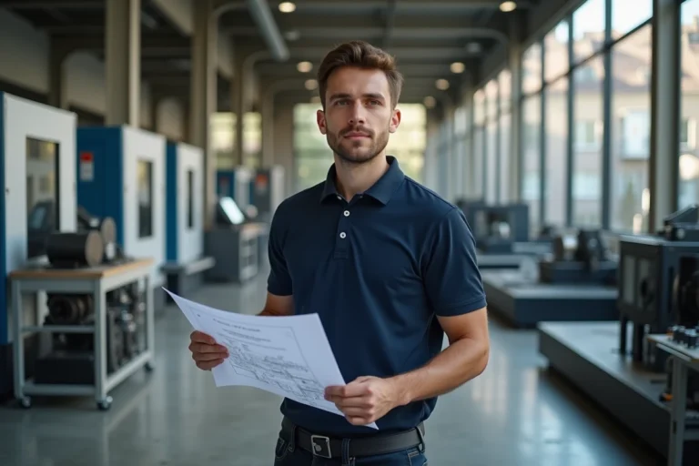 Étudiant en BUT GMP dans un atelier d'usinage universitaire tenant un plan technique, illustrant la formation en génie mécanique et productique