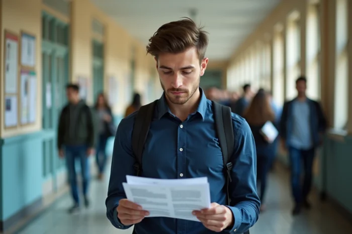 Étudiant lisant son relevé de notes universitaire dans un couloir de faculté avec une expression préoccupée