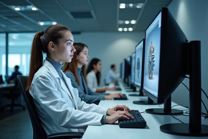 Étudiante en BUT GMP travaillant sur un logiciel de CAO dans une salle informatique universitaire, formation en conception mécanique