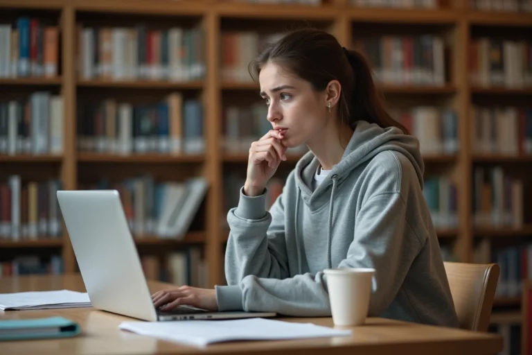 Étudiante inquiète consultant ses résultats universitaires sur un ordinateur portable dans une bibliothèque
