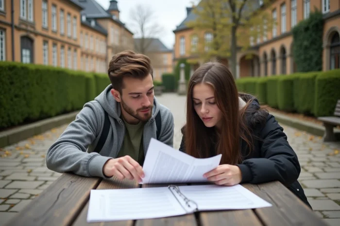 Deux étudiants discutant du règlement académique et des différences entre ajourné et défaillant sur un campus universitaire