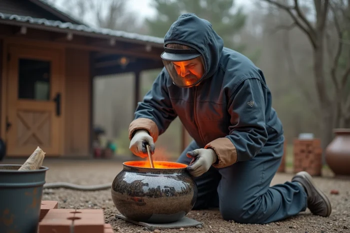 Céramiste extrayant une pièce raku incandescente d'un four à propane lors de la cuisson raku en extérieur