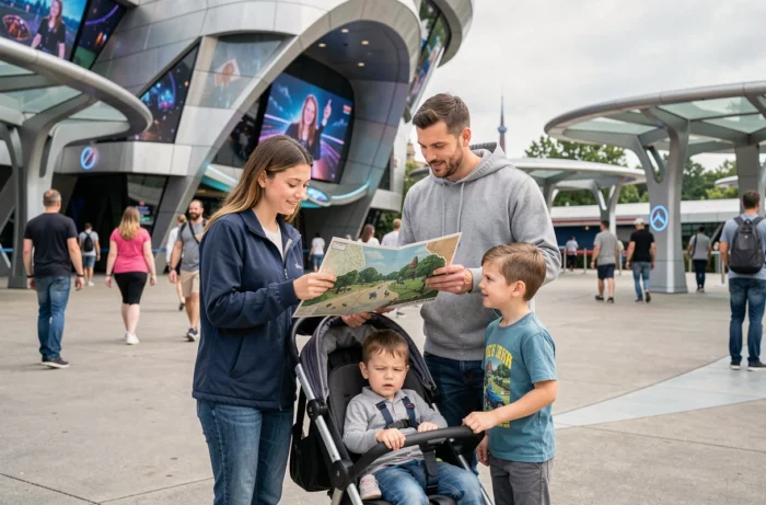 Famille avec poussette et enfants devant l'entrée d'une attraction au Futuroscope, utilisant le service baby switch