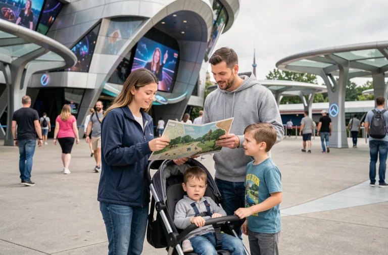 Famille avec poussette et enfants devant l'entrée d'une attraction au Futuroscope, utilisant le service baby switch