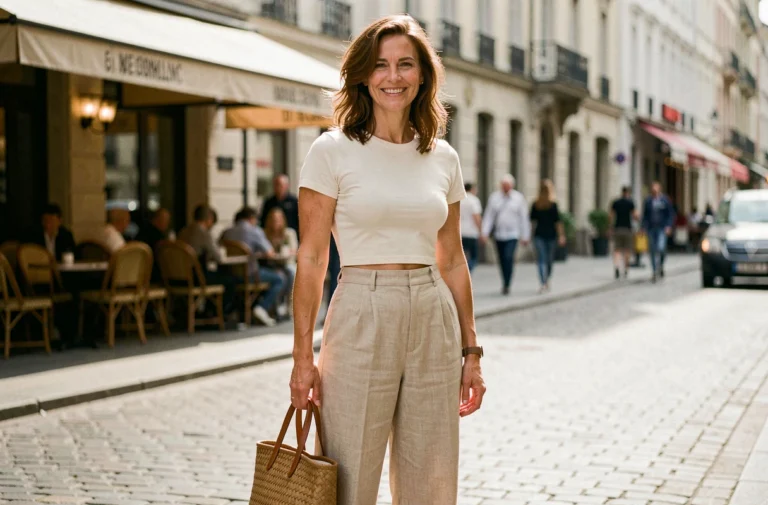 Femme de 40 ans portant un crop top ivoire avec un pantalon taille haute dans une rue pavée ensoleillée, attitude confiante et décontractée