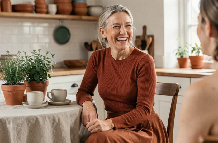 Femme de 55 ans en crop top terracotta structuré assise dans une cuisine chaleureuse avec vaisselle en céramique, riant naturellement