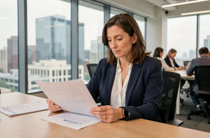 Femme d'affaires professionnelle analysant des rapports dans un bureau moderne avec vue sur la ville