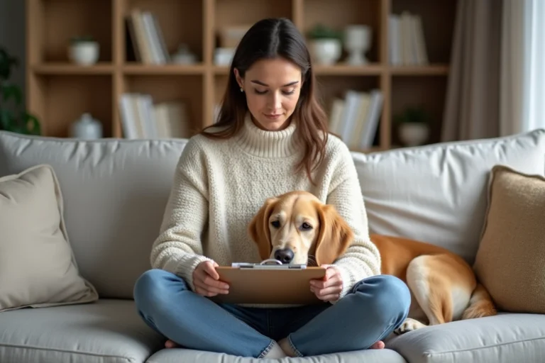Femme consultant des documents d'assurance animale avec son golden retriever allongé sur ses genoux dans un salon cosy