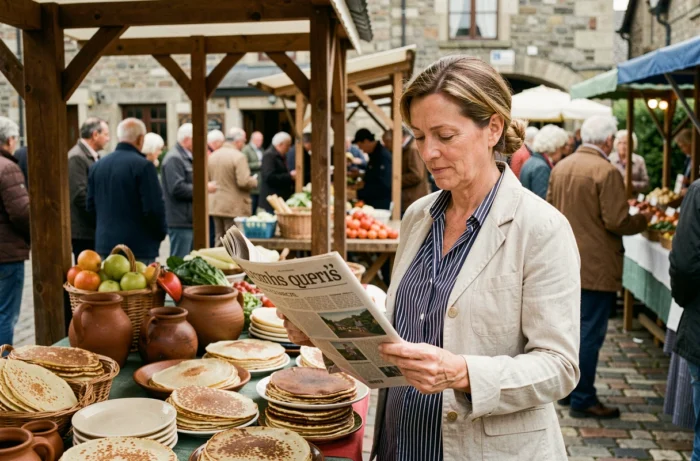 Femme bretonne parcourant un journal local au marché traditionnel de Quimper, entourée de produits régionaux authentiques