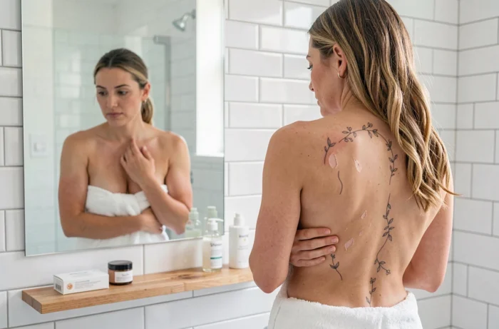 Femme examinant la cicatrisation de son tatouage sur la colonne vertébrale devant un miroir de salle de bain