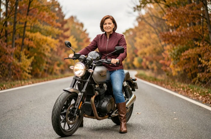 Femme de 50 ans assise sur une moto roadster sur une route de campagne en automne, casque posé sur le réservoir