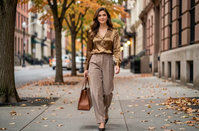 Femme confiante marchant en ville en pantalon large, symbolisant la liberté et le confort vestimentaire au quotidien