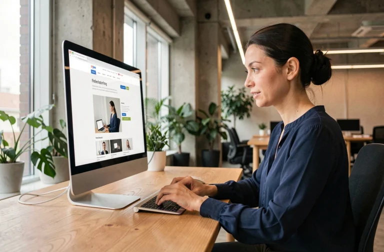 Femme consultant les nouveautés du site Fusov 2026 sur un écran d'ordinateur dans un bureau moderne