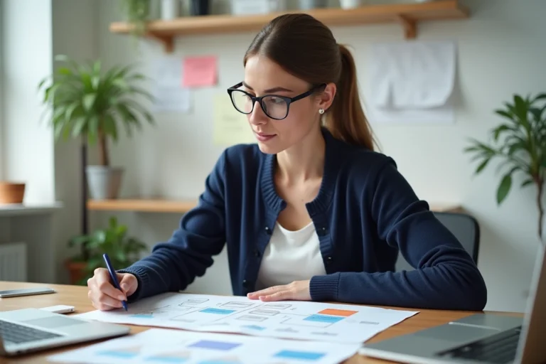 Femme consultant un plan de sitemap imprimé sur un bureau de bureau à domicile pour optimiser la navigation de son site web