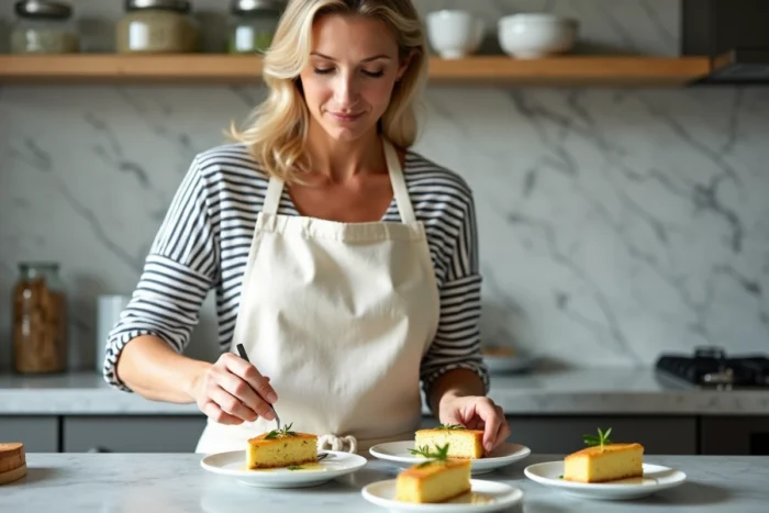 Femme préparant des assiettes de cake aux courgettes et chèvre avec des herbes fraîches dans une cuisine moderne
