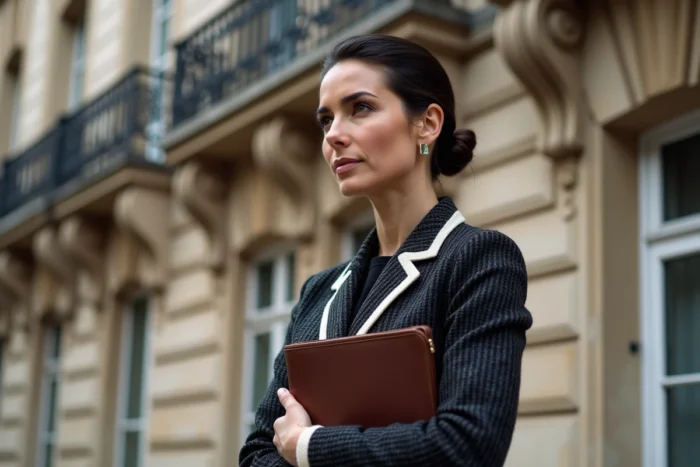 Femme élégante en veste en tweed devant un immeuble haussmannien parisien, symbolisant la direction d'une maison de couture française