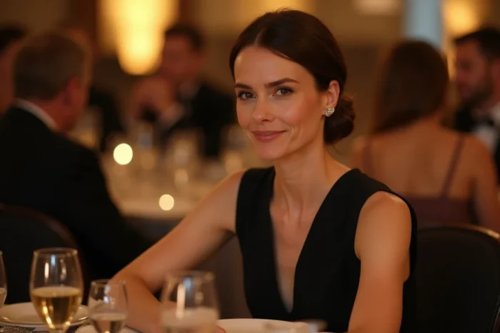 Femme élégante en robe noire lors d'une soirée culturelle parisienne, style événement people et célébrités