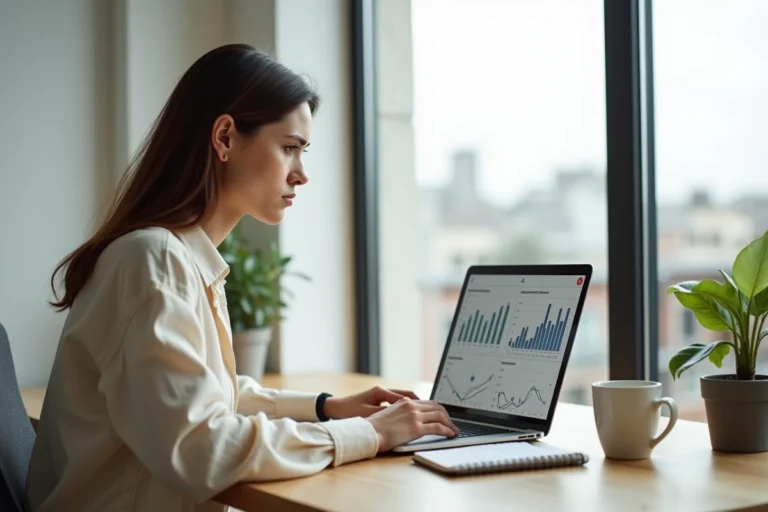 Femme entrepreneureure travaillant sur son business en ligne depuis un bureau à domicile moderne avec un ordinateur portable affichant des graphiques de ventes