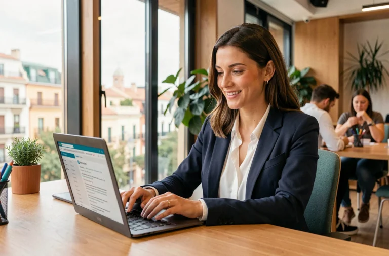 Femme francophone travaillant sur son ordinateur portable dans un bureau moderne à Barcelone, recherchant des offres d'emploi en Espagne