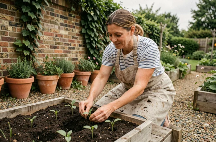 Femme jardinant dans un potager surélevé au printemps, transplantant des plants dans une terre riche et sombre