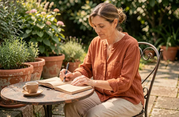Femme écrivant dans un journal en plein air sur une terrasse, pratique de pleine conscience et soin de soi