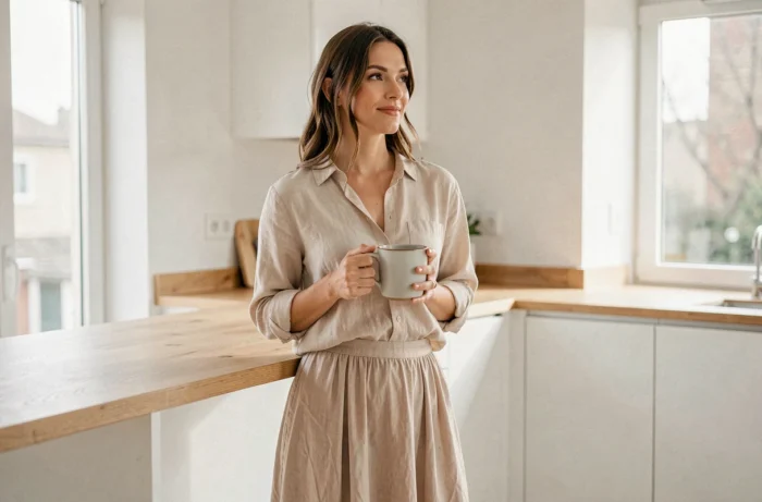 Femme détendue en jupe fluide dans sa cuisine, illustrant le confort au quotidien et la liberté vestimentaire féminine