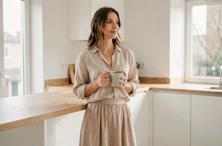 Femme détendue en jupe fluide dans sa cuisine, illustrant le confort au quotidien et la liberté vestimentaire féminine