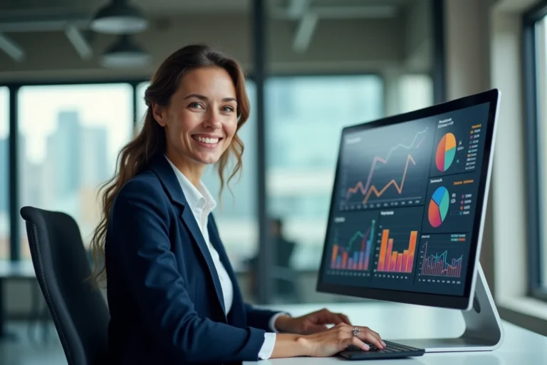 Femme professionnelle analysant des données de marketing digital sur un écran courbe dans un bureau moderne
