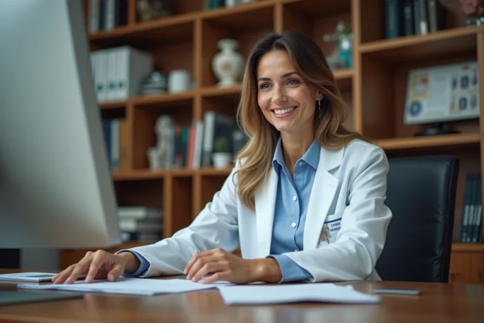 Femme médecin en consultation dans un cabinet médical avec bureau en bois et dossiers médicaux