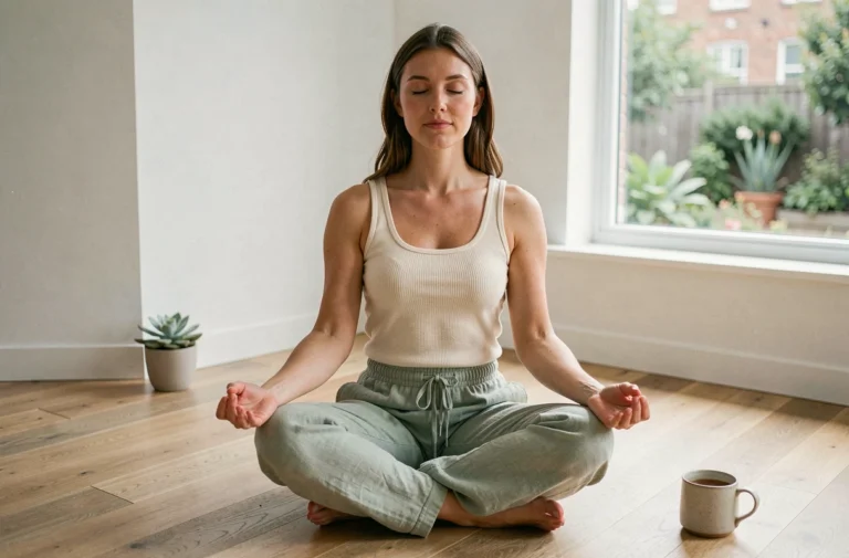 Femme pratiquant la méditation au sol dans un salon minimaliste, prenant soin d'elle au quotidien