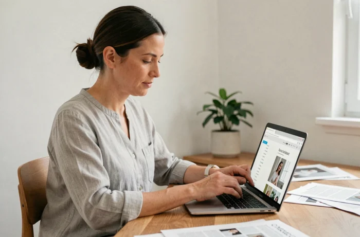 Femme consultant le plan du site d'un magazine en ligne sur un ordinateur portable dans un bureau moderne