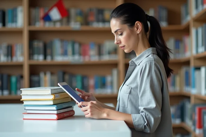 Femme parcourant le plan du site du Portail Breton sur une tablette dans une bibliothèque régionale