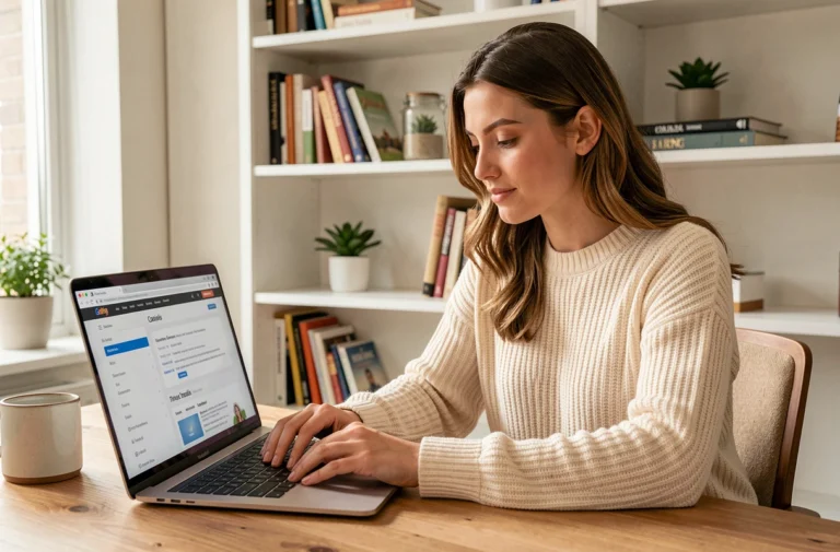Jeune femme naviguant sur le sitemap d'un blog familial depuis son bureau à domicile