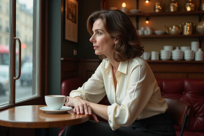 Femme pensive attablée dans un bistro parisien tenant une tasse de café, regard tourné vers la fenêtre, évoquant discrétion et vie privée
