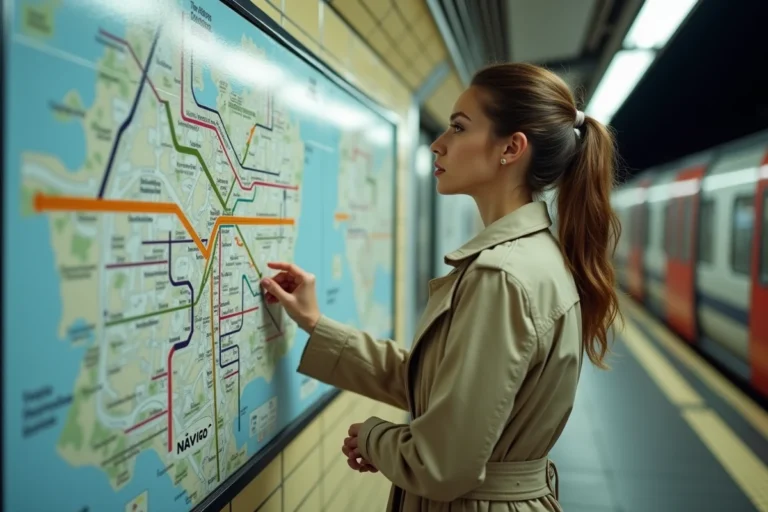 Femme consultant le plan des zones Navigo sur le quai d'une station de métro parisienne