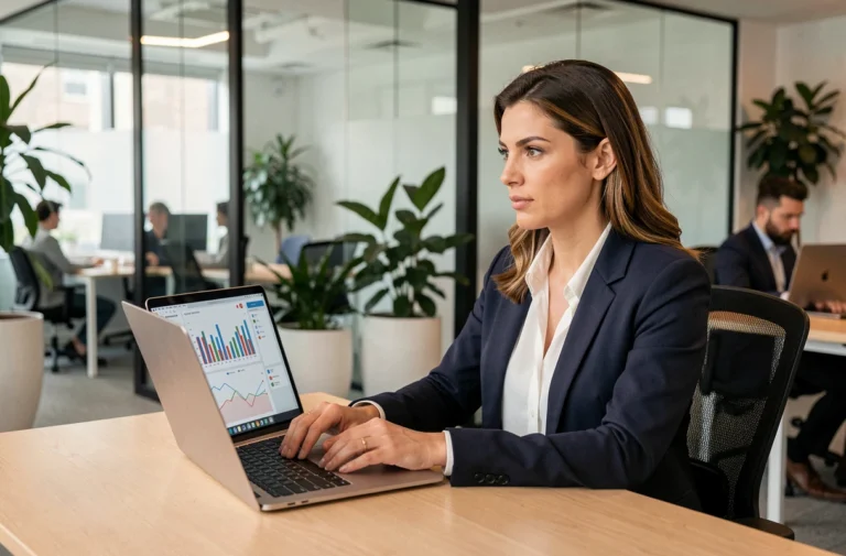 Femme professionnelle en formation en ligne sur son ordinateur portable dans un bureau moderne pour booster ses compétences