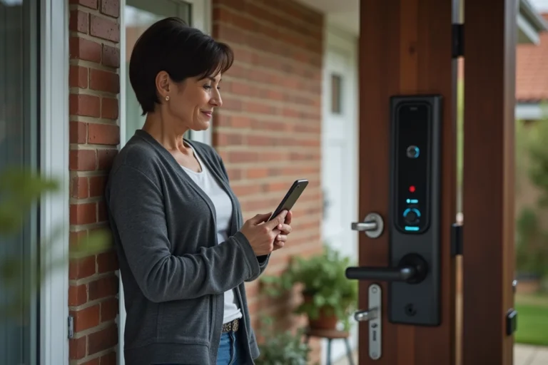 Femme inspectant une serrure connectée sur une porte d'entrée en bois pour sécuriser sa maison