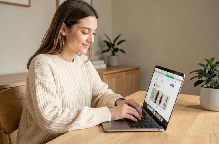 Jeune femme faisant du shopping en ligne sur un ordinateur portable dans un bureau scandinave cosy