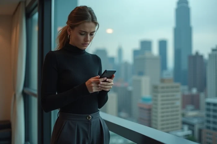 Femme tenant un smartphone avec une expression choquée face aux fuites de contenu privé sur les réseaux