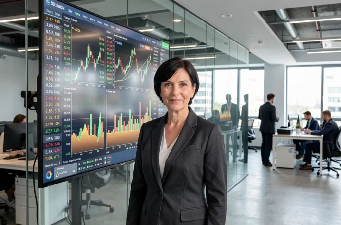 Femme d'affaires devant un tableau de bord financier numérique affichant des cours de bourse en temps réel dans un bureau moderne