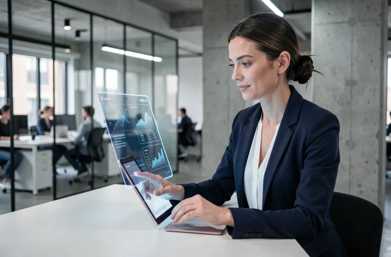 Femme professionnelle interagissant avec une interface technologique holographique dans un bureau moderne et innovant