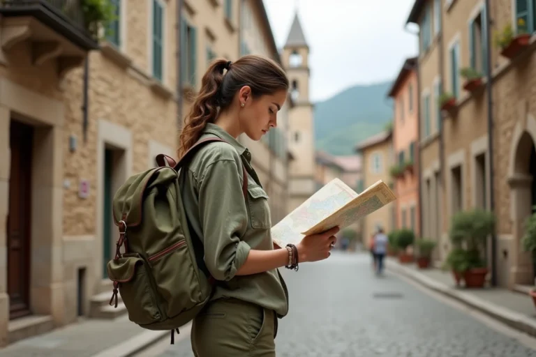 Femme voyageant seule avec un sac à dos qui consulte une carte dans un village européen pittoresque