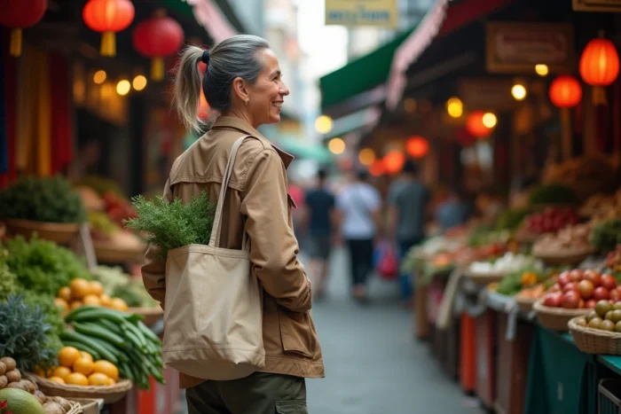 Femme voyageant seule explorant un marché de rue animé en Asie du Sud-Est avec un sourire authentique