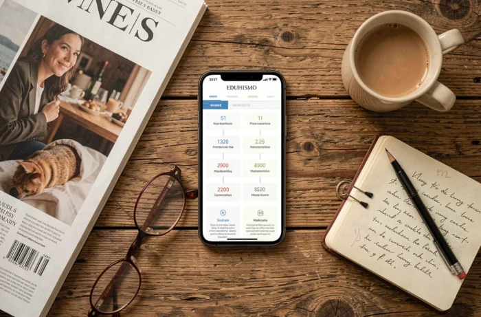 Vue de dessus d'un smartphone affichant le plan du site d'un magazine posé sur une table en bois avec café et carnet