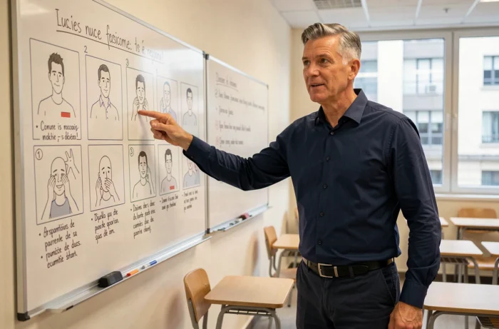 Formateur en secourisme présentant les étapes d'intervention en cas d'étouffement devant un tableau pédagogique en salle de formation