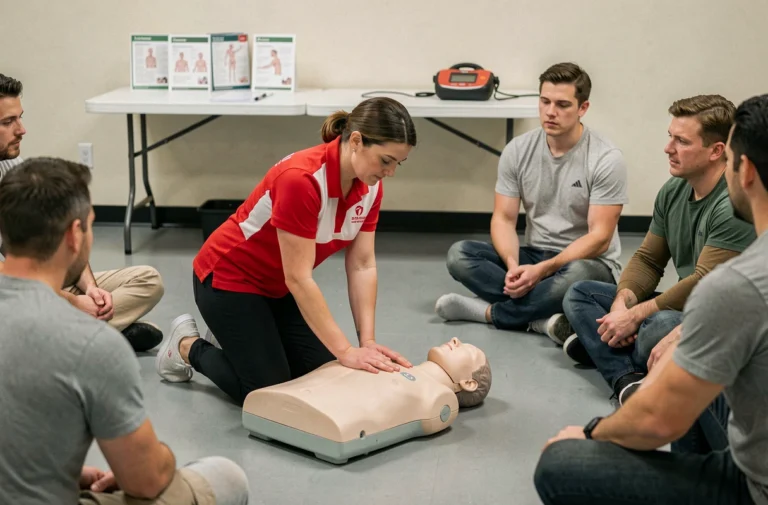 Formatrice en secourisme démontrant les compressions thoraciques sur un mannequin de formation CPR devant un groupe d'apprenants adultes