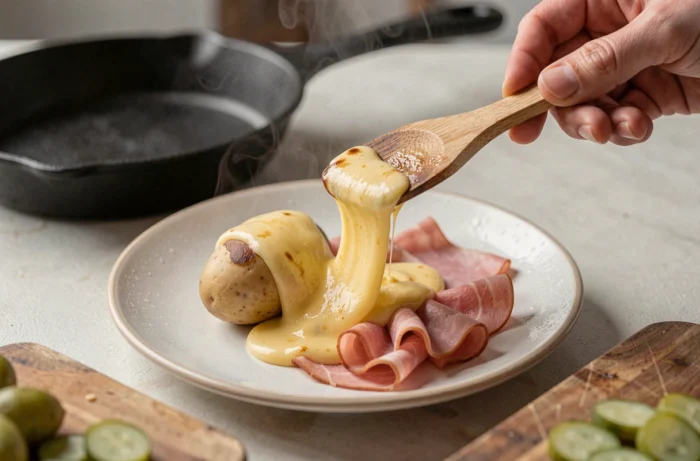 Primo piano di formaggio raclette fuso che cola da una padella su un piatto con patate e prosciutto crudo